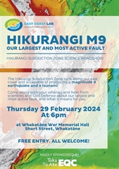 Hikurangi M9 our largest and most active fault - roadshow coming to Whakatane War Memorial Hall 29 February 6pm